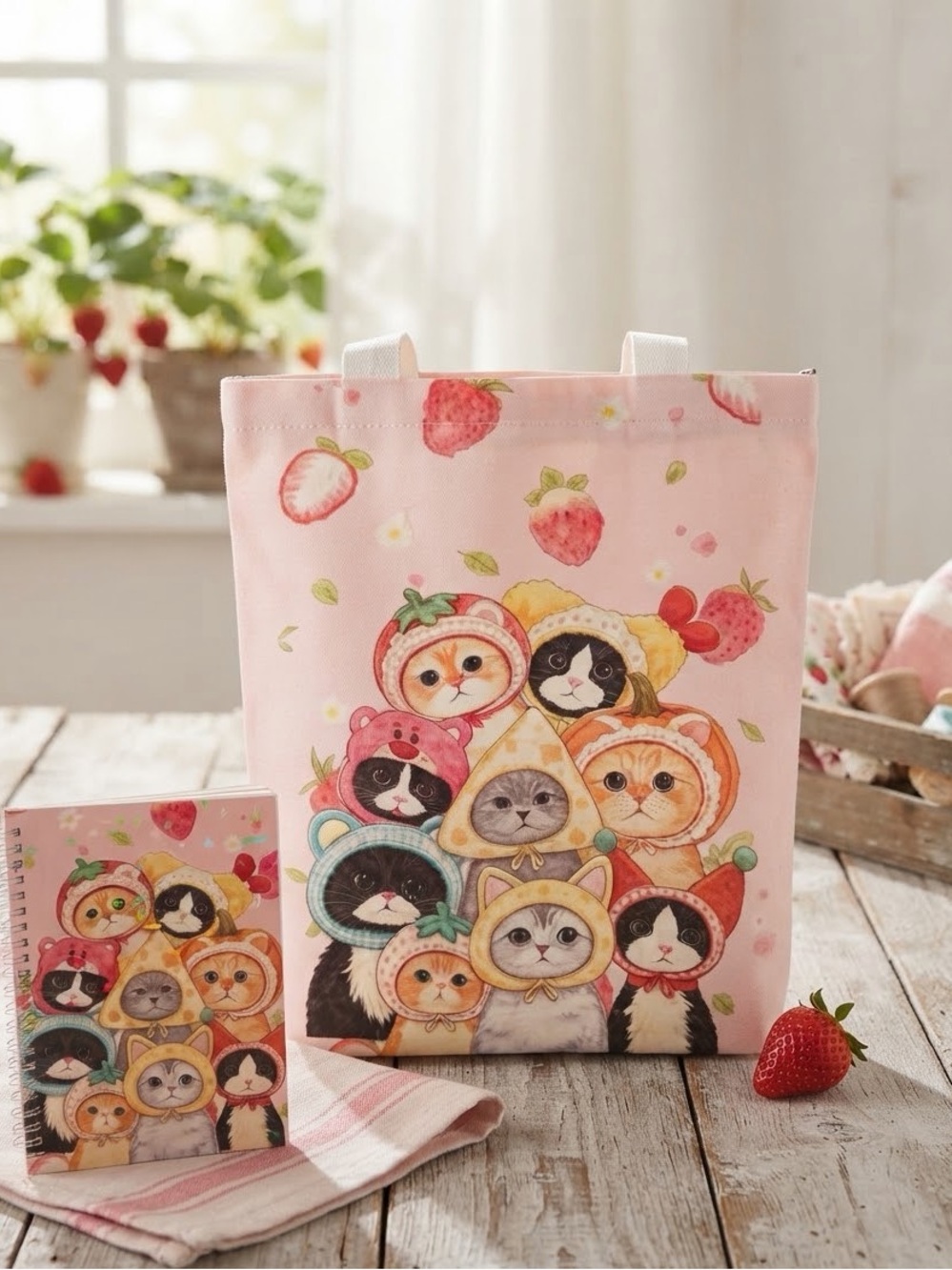 Cute Cats Strawberry Print Kids Tote Bag - Pink & Notebook